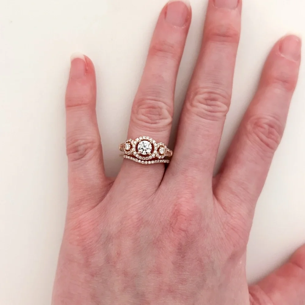 Rose Gold 14K Three Stone Diamond Halo Pave Engagement Ring Wedding Band Set - Picture 10 of 13